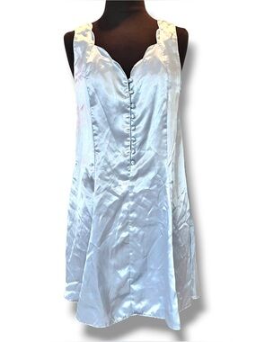 VTG Baby Blue Satin Slip Dress M Button Scallop Fairycore Y2K Coquette Lingerie